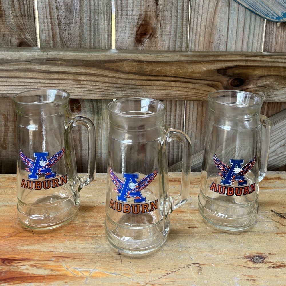 Set of 3 Vintage AU Auburn University 20oz Clear Glass Beer Stein Mugs